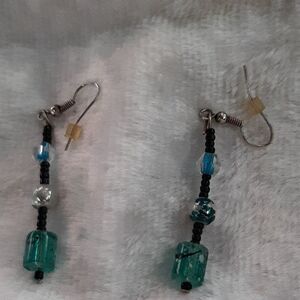 BLUE BLACK Handcrafted  Beaded Earrings Real Silver‎